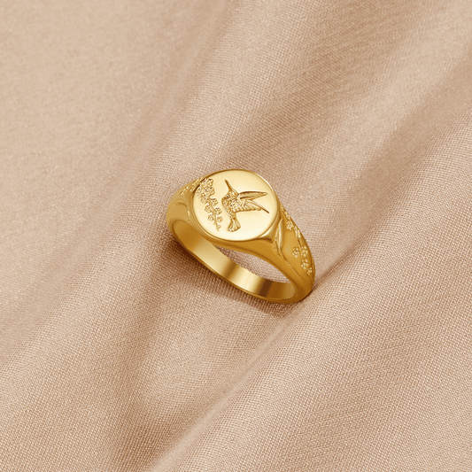 Golden Hummingbird Signet Ring